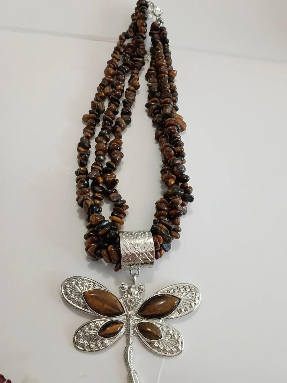 JTV Brown Tiger Eye Multi-Strand Necklace with Silver Dragonfly Pendant